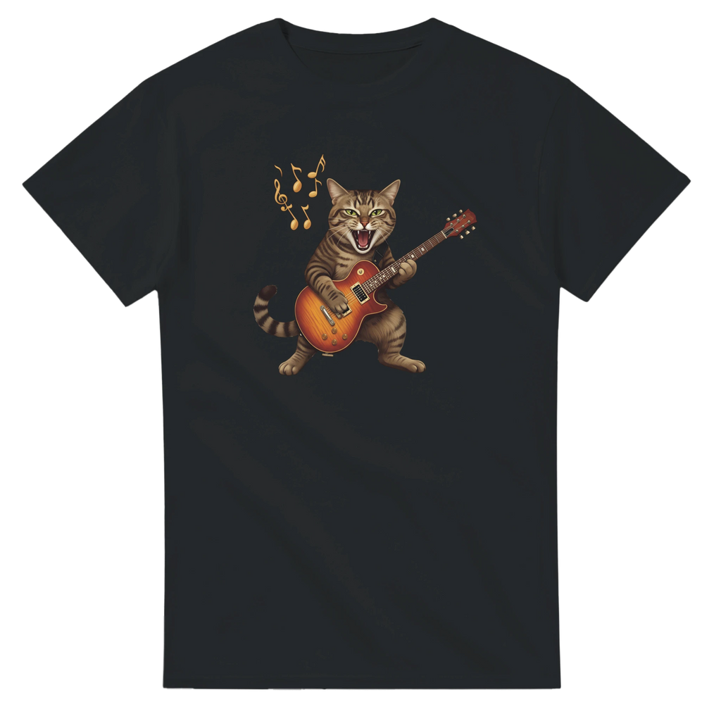 Black Six String Tees T-shirt with the image of a wild cat ferociously playing a Gibson Les Paul guitar.
