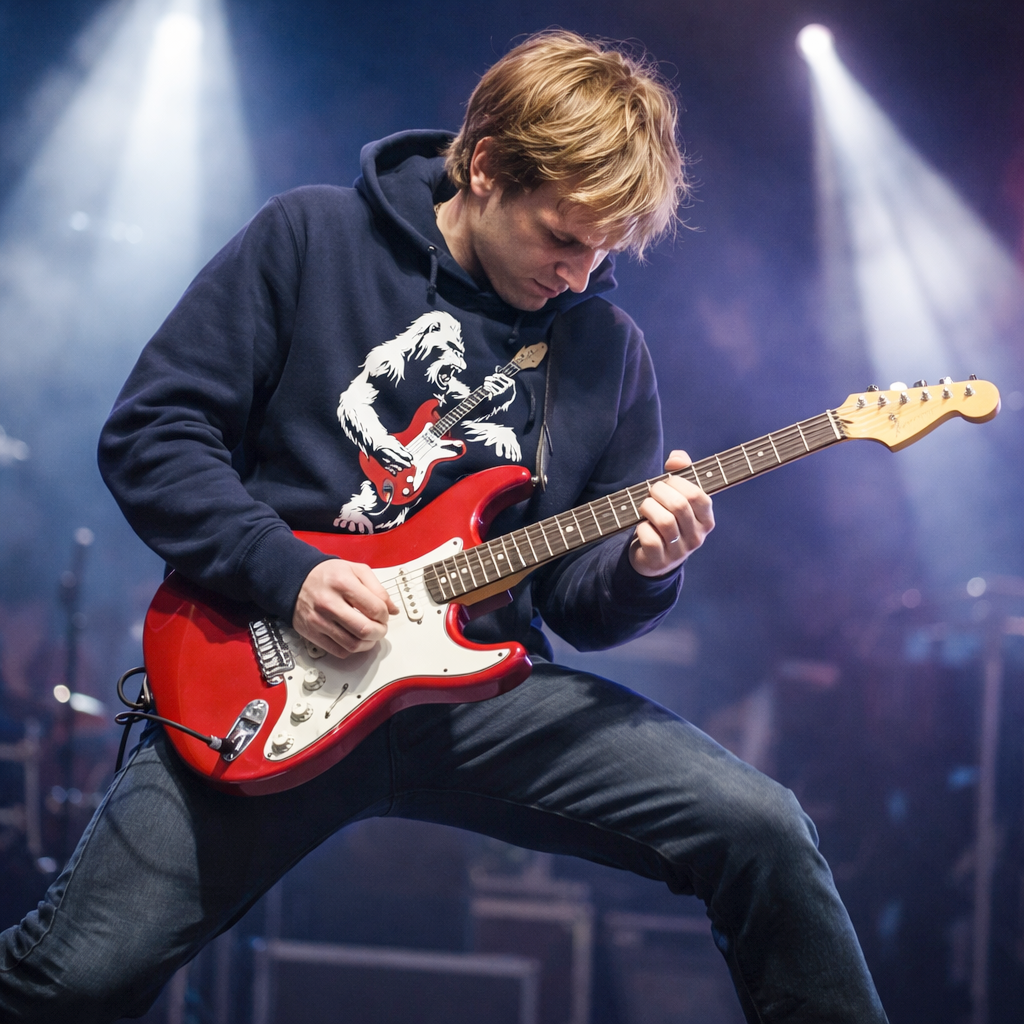 Guy wearing a Six String Tees Bigfoot hoodie, playing a red Fender Stratocaster guitar.
