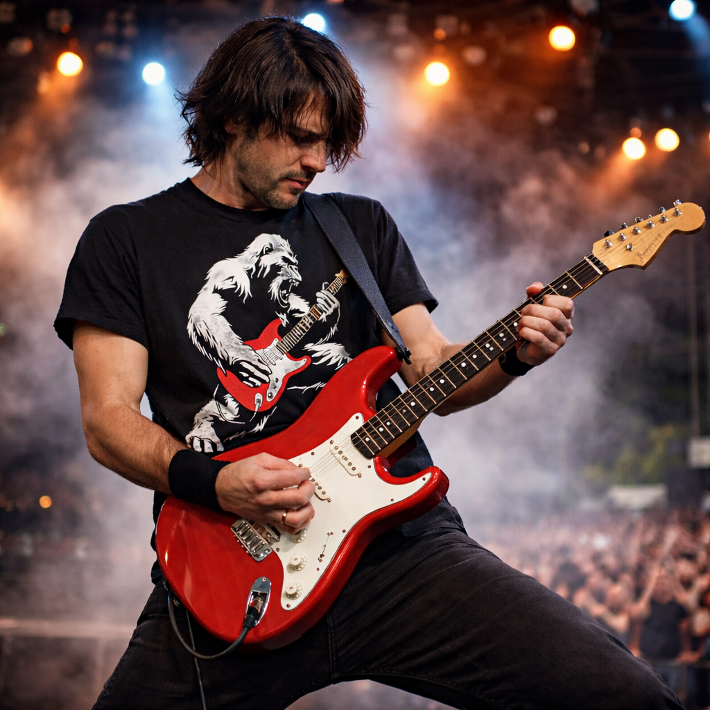 Guy wearing a Six String Tees Bigfoot T-shirt playing a Fender Stratocaster.