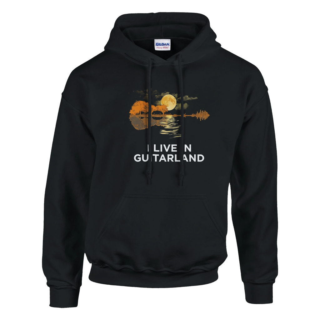 Black hoodie that says "I Live In Guitarland."