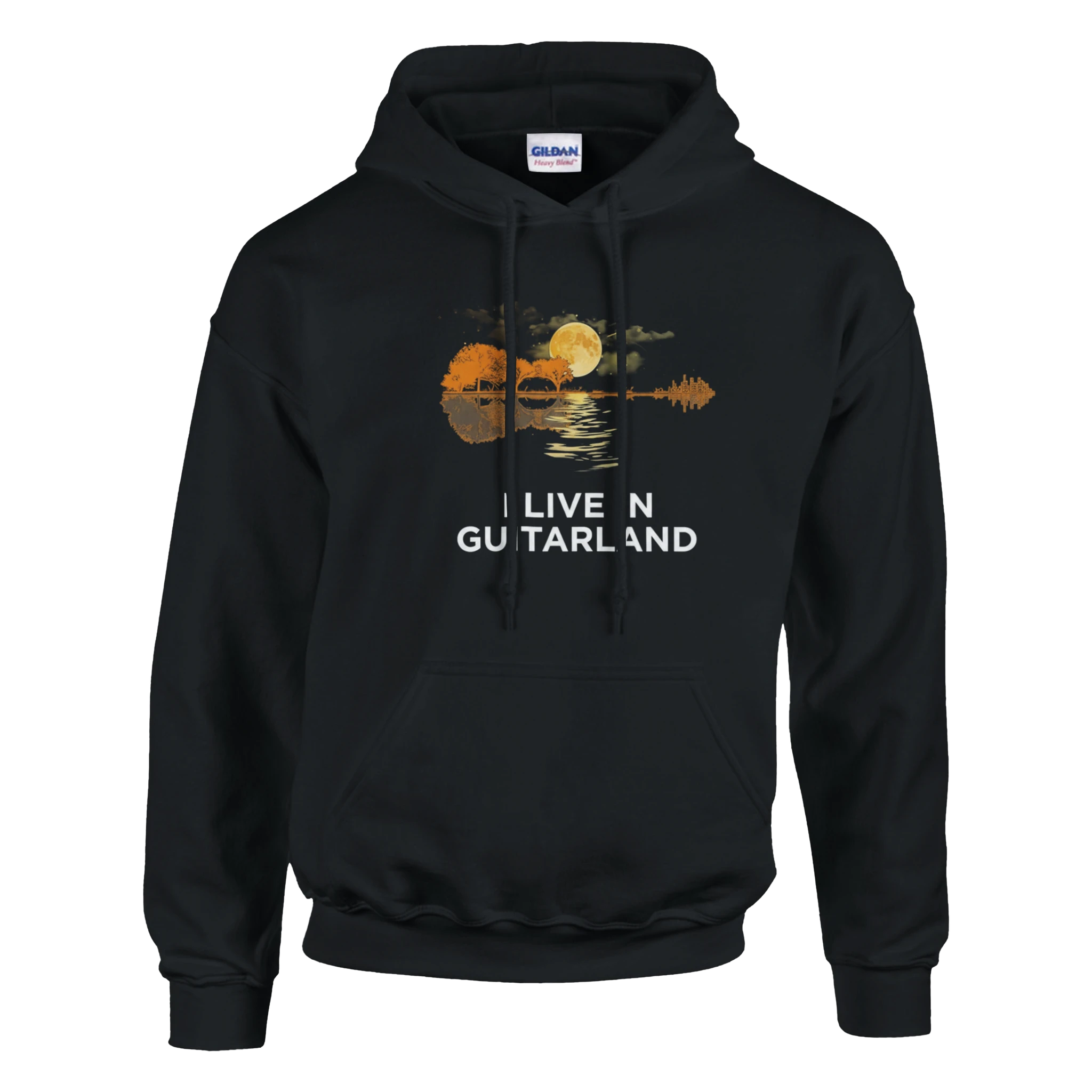 Black hoodie that says "I Live In Guitarland."