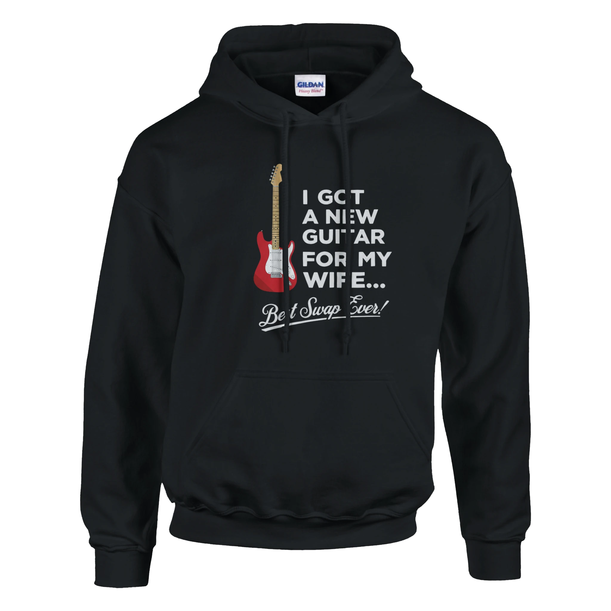 Black hoodie that says "I Got A New Guitar For My Wife".