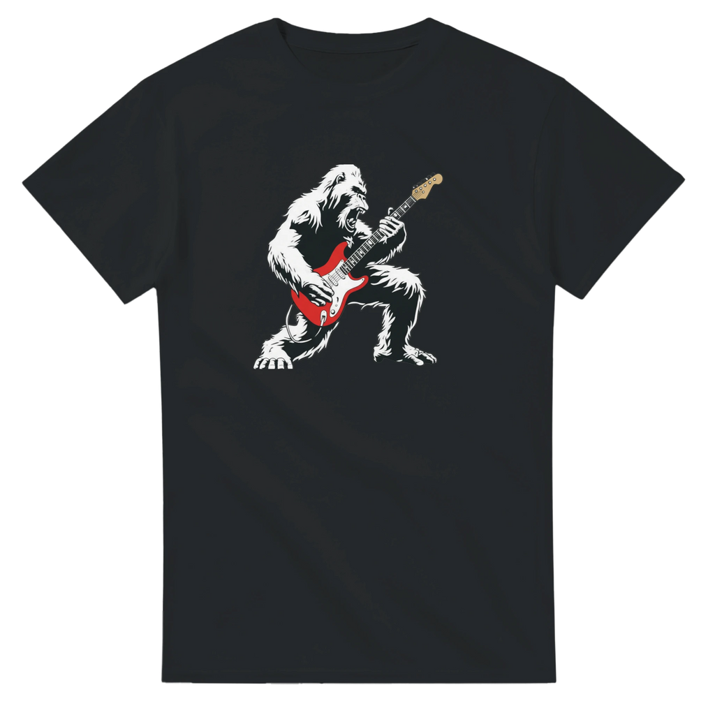 Black Six String Tees T-shirt with Bigfoot rockin' out with a Fender Stratocaster.