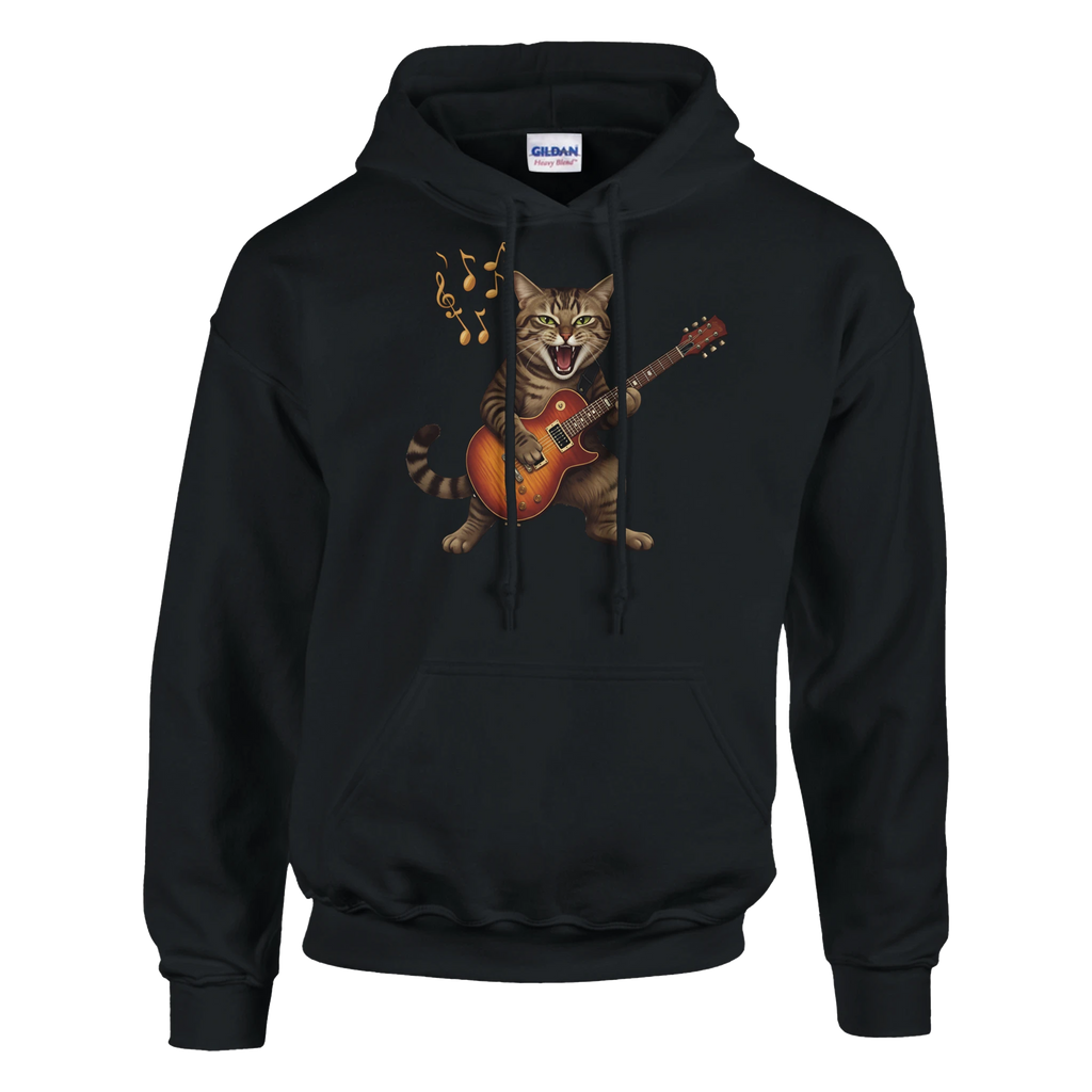 Black Six String Tees hoodie with the image of a wild cat ferociously playing a Gibson Les Paul guitar.