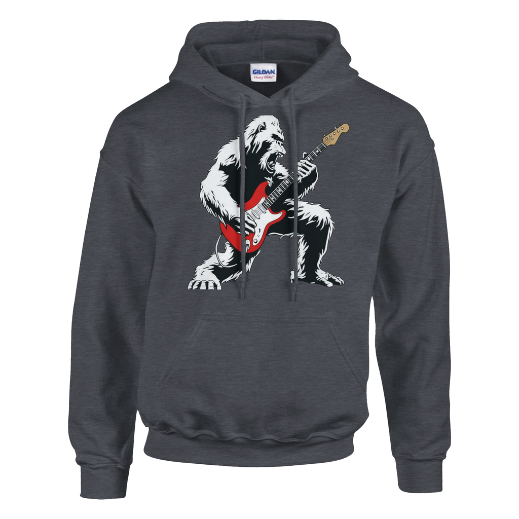 Heather Six String Tees hoodie with Bigfoot playing a red Stratocaster.