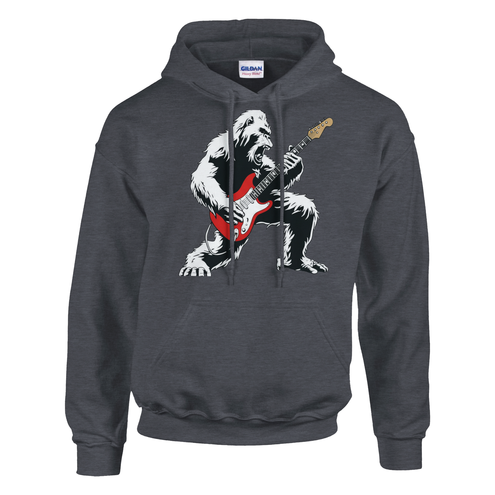 Heather Six String Tees hoodie with Bigfoot playing a red Stratocaster.