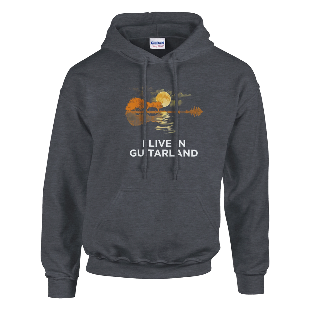 Heather hoodie that says "I Live In Guitarland."