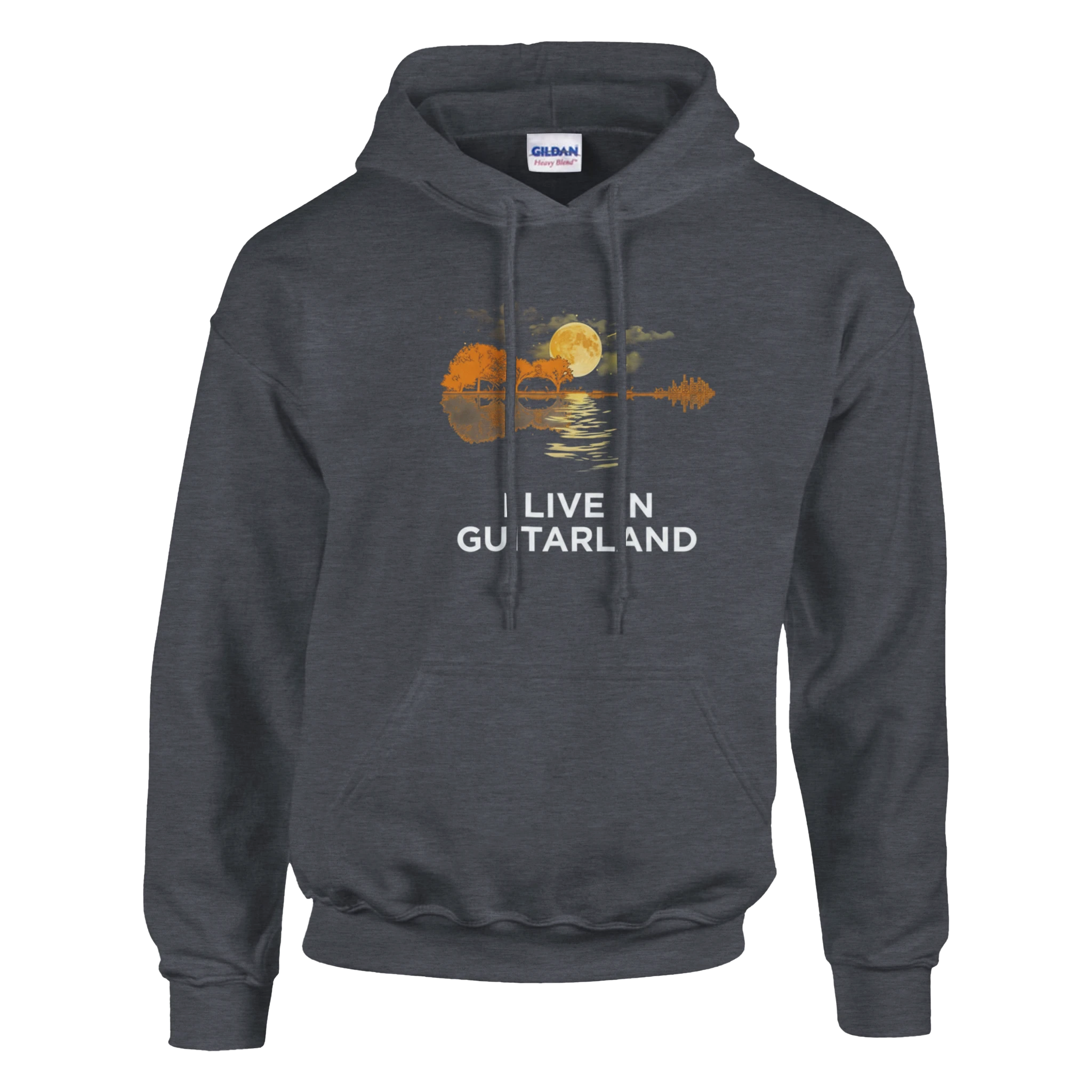 Heather hoodie that says "I Live In Guitarland."