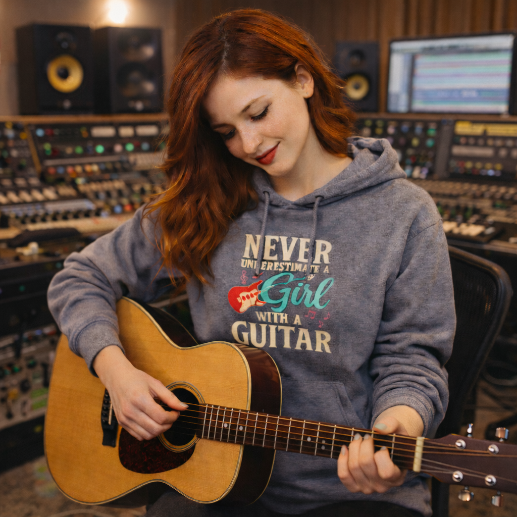 Girl playng guitar in a recording studio wearing a Never Underestimate A Girl With A Guitar hoodie.