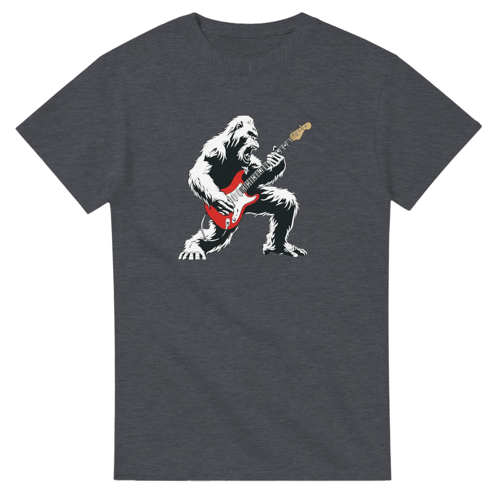 Heather Six String Tees T-shirt with Bigfoot rockin' out with a Fender Stratocaster.