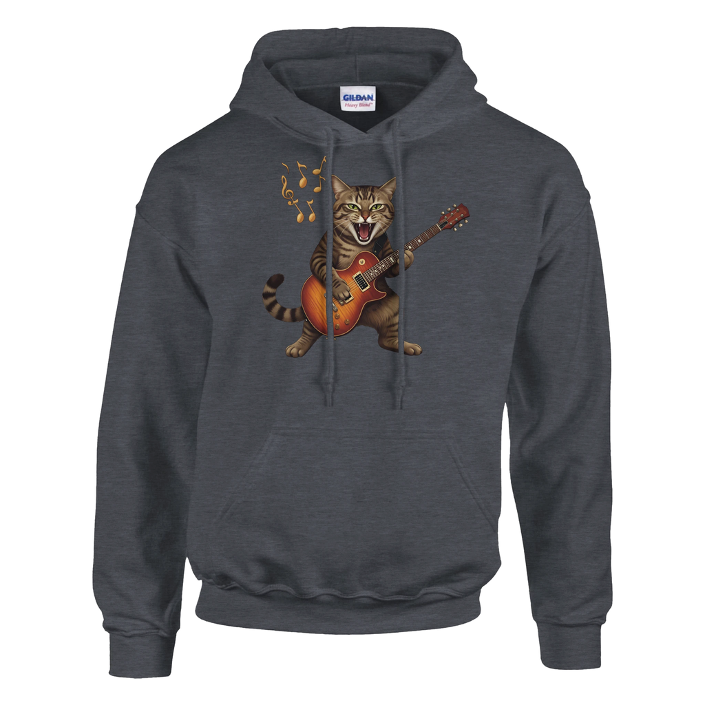 Heather Six String Tees hoodie with the image of a wild cat ferociously playing a Gibson Les Paul guitar.