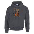 Heather Six String Tees hoodie with the image of a wild cat ferociously playing a Gibson Les Paul guitar.