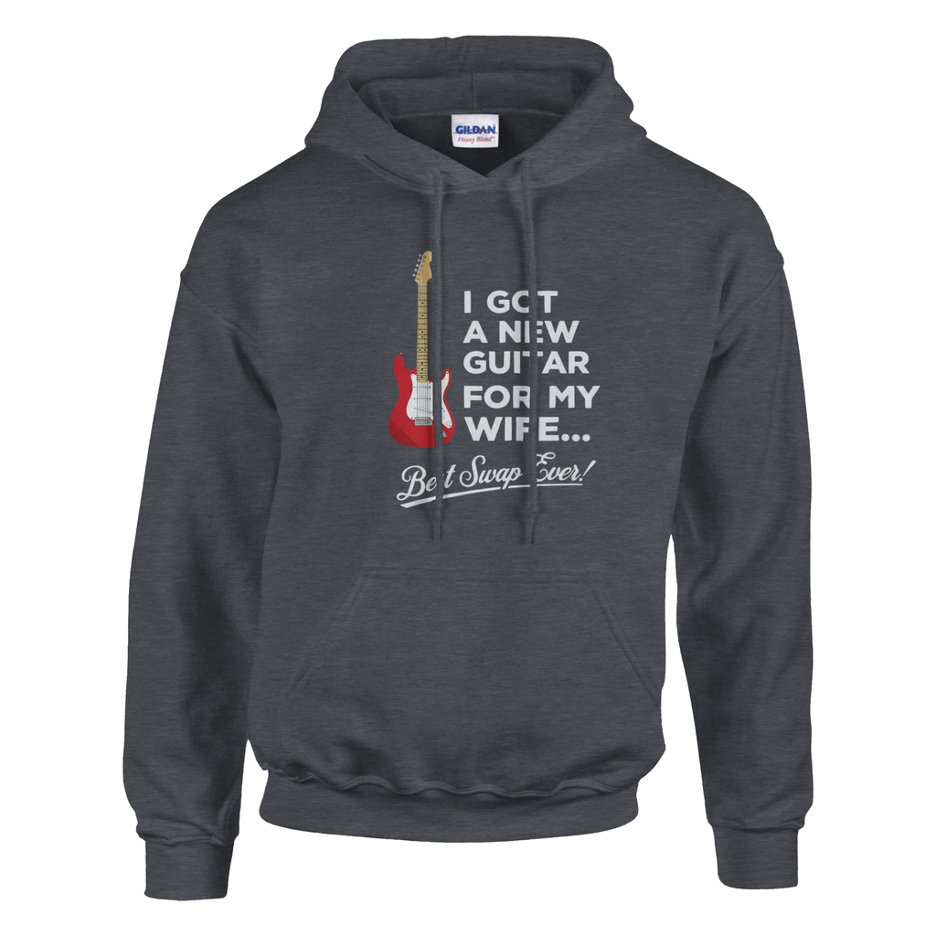 Heather hoodie that says "I Got A New Guitar For My Wife".