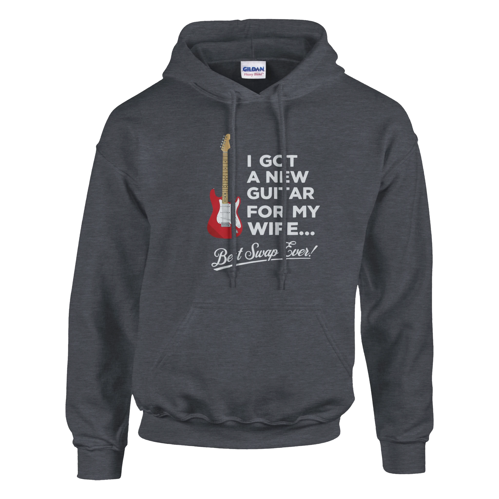 Heather hoodie that says "I Got A New Guitar For My Wife".