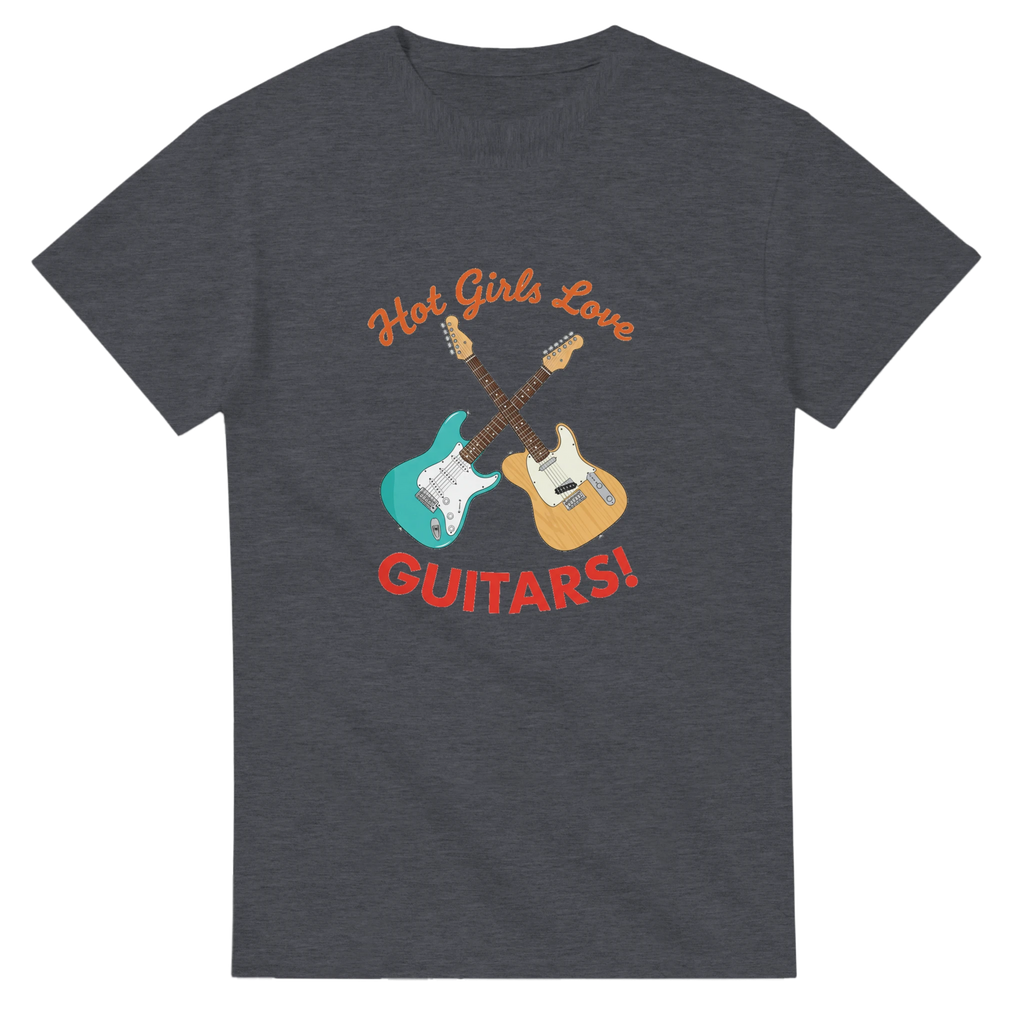 Lady's T-shirt with a guitar theme that says Hot Girls Love Guitars, in heather.