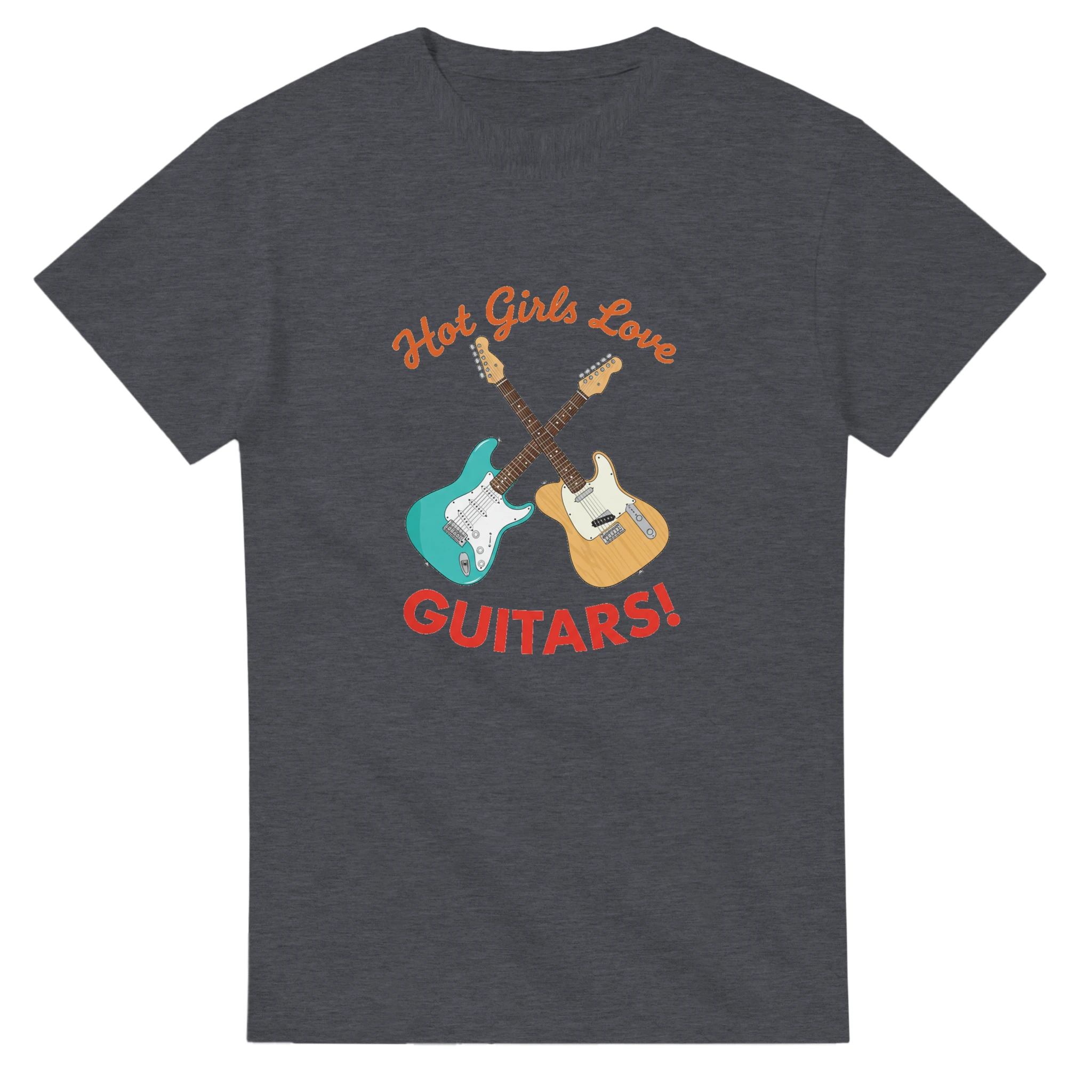 Lady's T-shirt with a guitar theme that says Hot Girls Love Guitars, in heather.