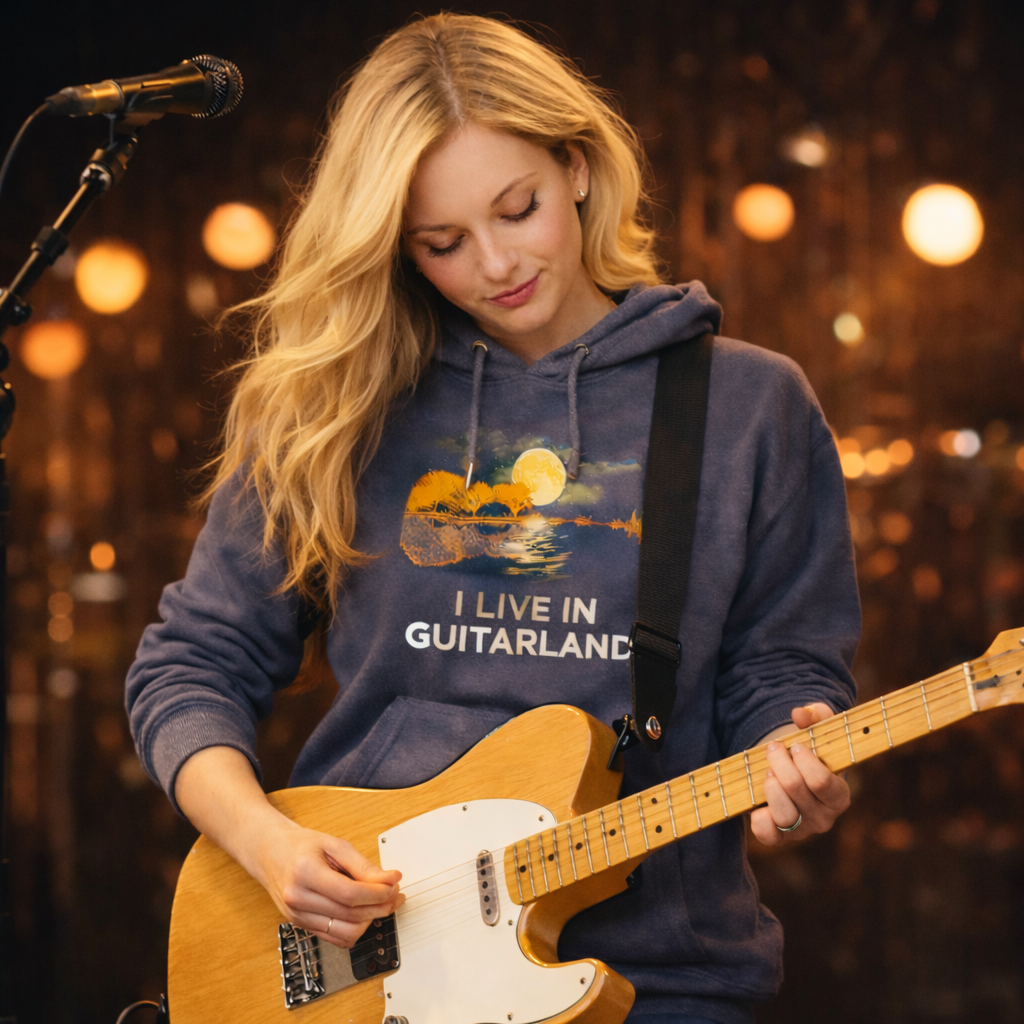 Girl playing a Fender Telecaster wearing a heather hoodie that says "I Live In Guitarland".