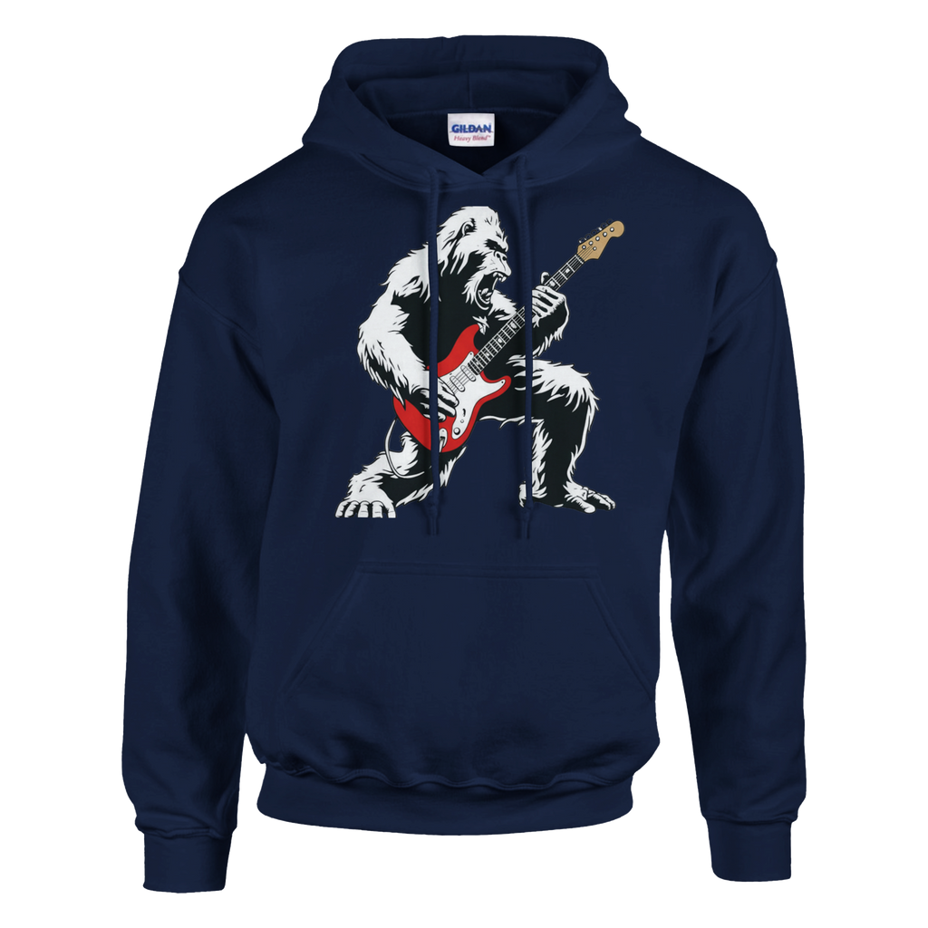Navy blue Six String Tees hoodie with Bigfoot playing a red Stratocaster.