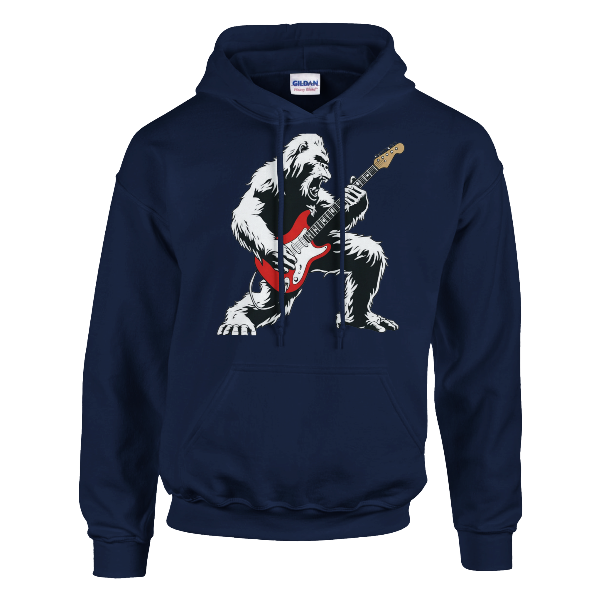Navy blue Six String Tees hoodie with Bigfoot playing a red Stratocaster.