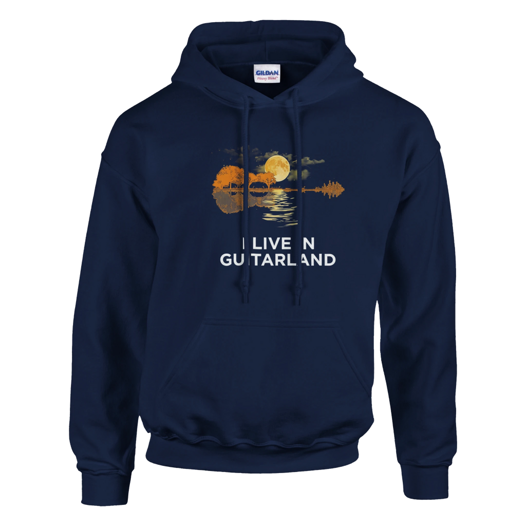Navy blue hoodie that says "I Live In Guitarland".