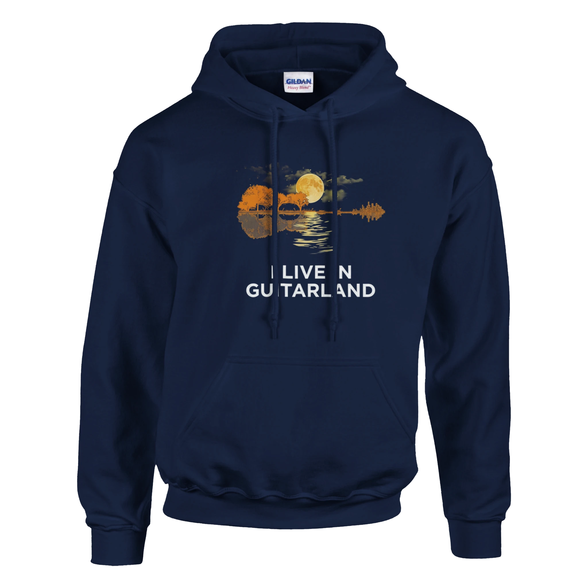 Navy blue hoodie that says "I Live In Guitarland".