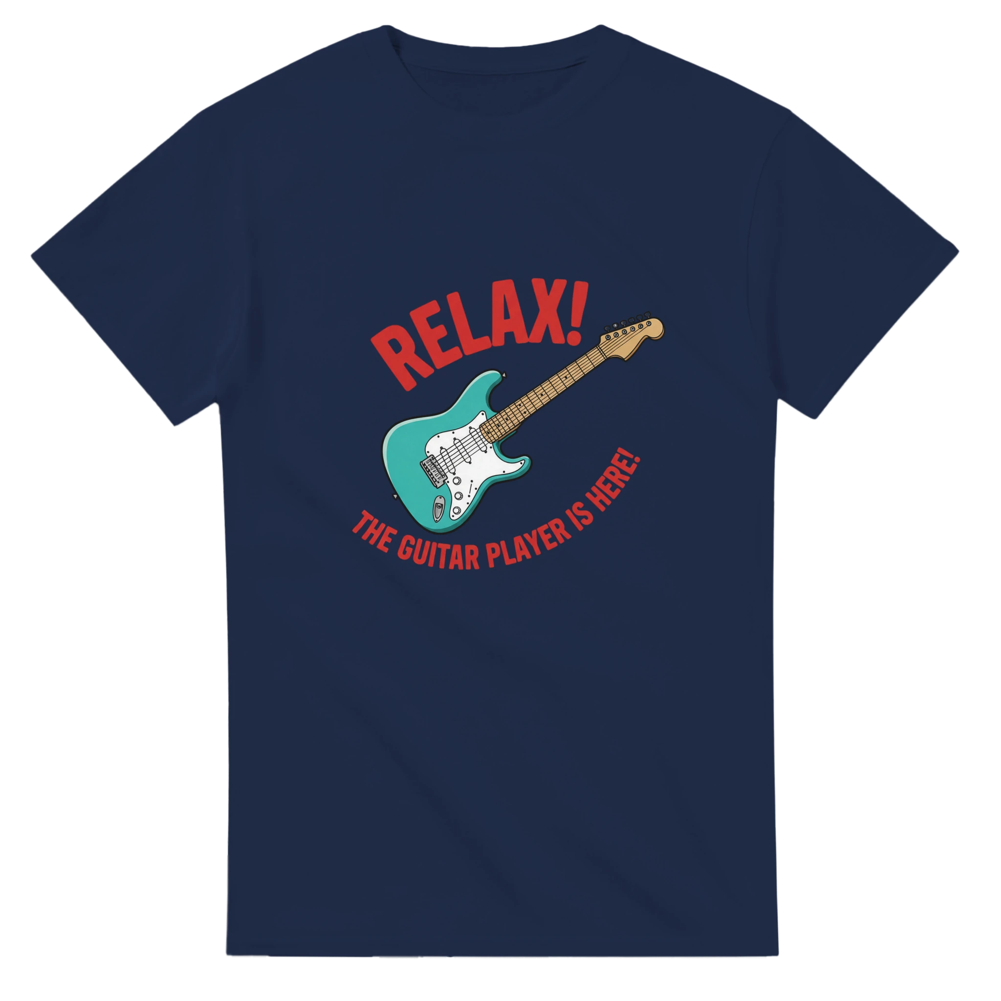 Black Six String Tees T-shirt with a graphic that says, "Relax!  The Guitar Player Is Here!"