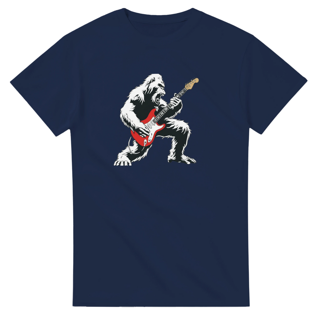 Navy Six String Tees T-shirt with Bigfoot rockin' out with a Fender Stratocaster.