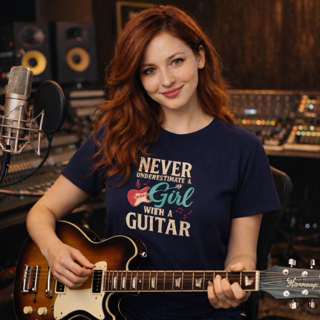 Girl playing guitar in a recording studio wearing a Never Underestimate A Girl With A Guitar t-shirt.