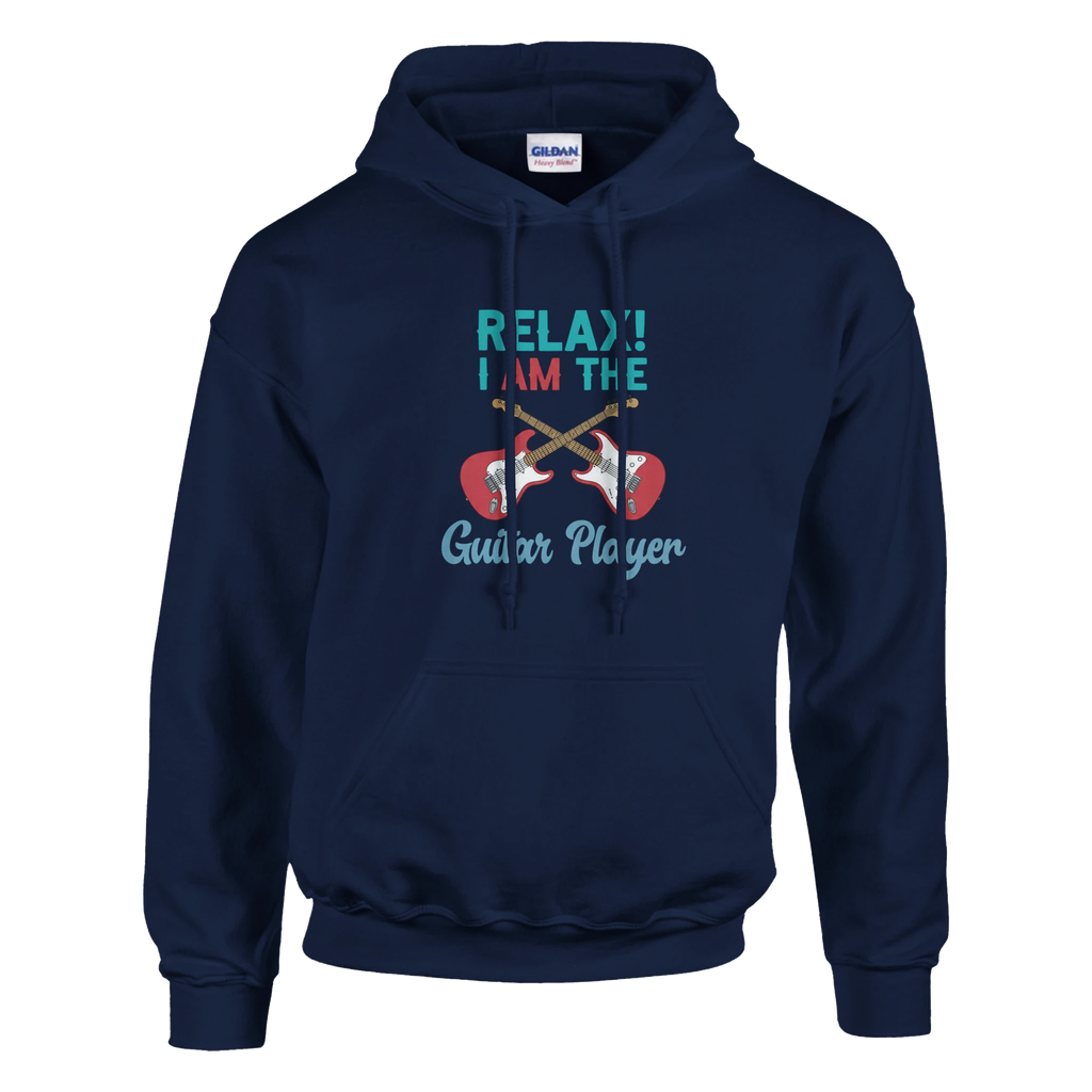 Navy Blue hoodie for female guitar players with guitar imagery that says "Relax, I Am The Guitar Player".