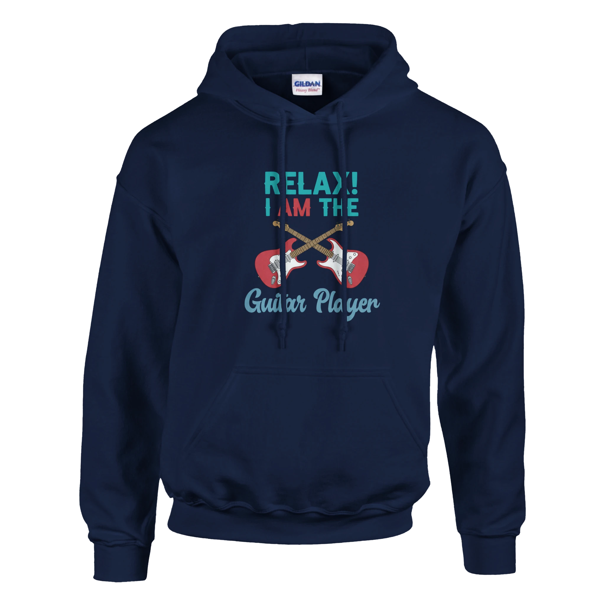 Navy Blue hoodie for female guitar players with guitar imagery that says "Relax, I Am The Guitar Player".