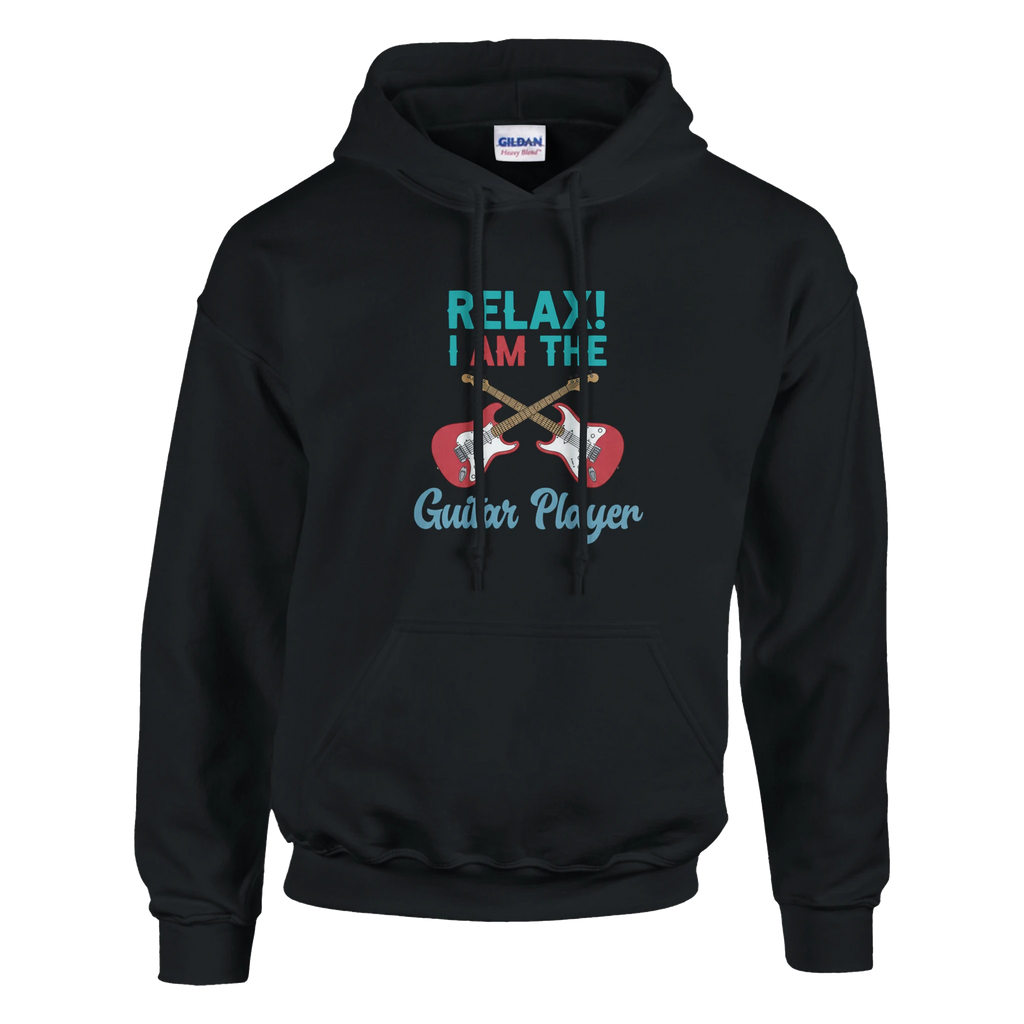Hoodie with guitar imagery that says "Relax, I AM The Guitar Player" for women who play guitar.  Navy blue.