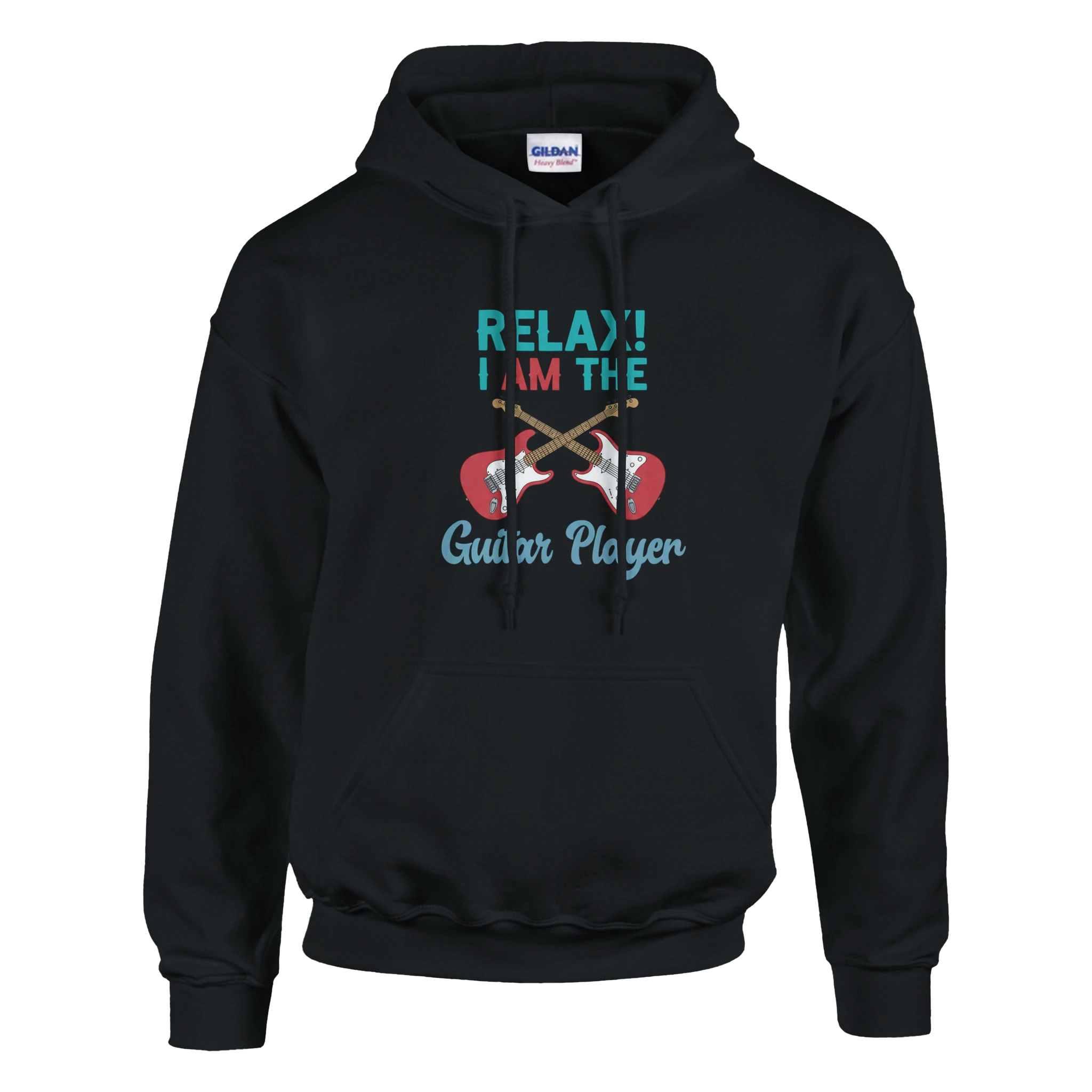 Hoodie with guitar imagery that says "Relax, I AM The Guitar Player" for women who play guitar.  Navy blue.