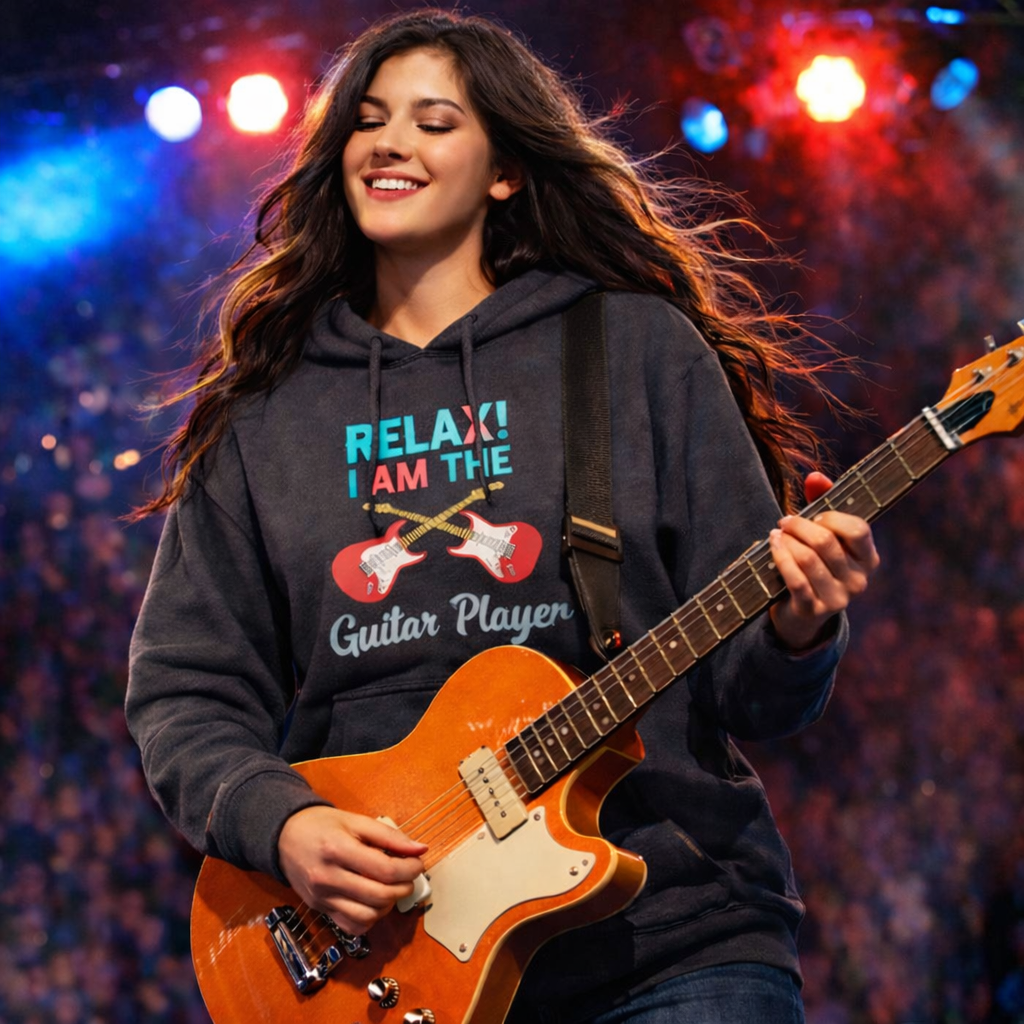 Girl wearing a Six String Tees hoodie that says "Relax!  I AM The Guitar Player", playing a Harmony electric guitar onstage.