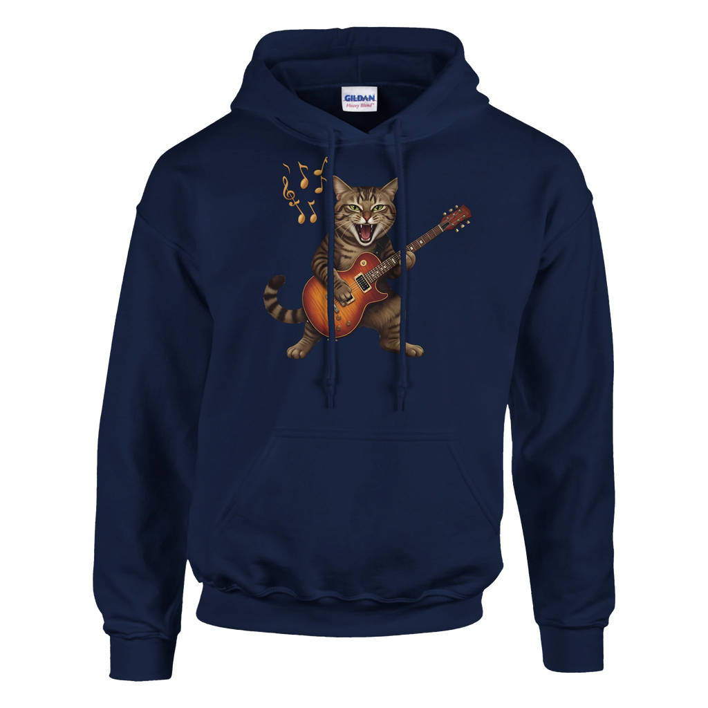 Navy Six String Tees hoodie with the image of a wild cat ferociously playing a Gibson Les Paul guitar.