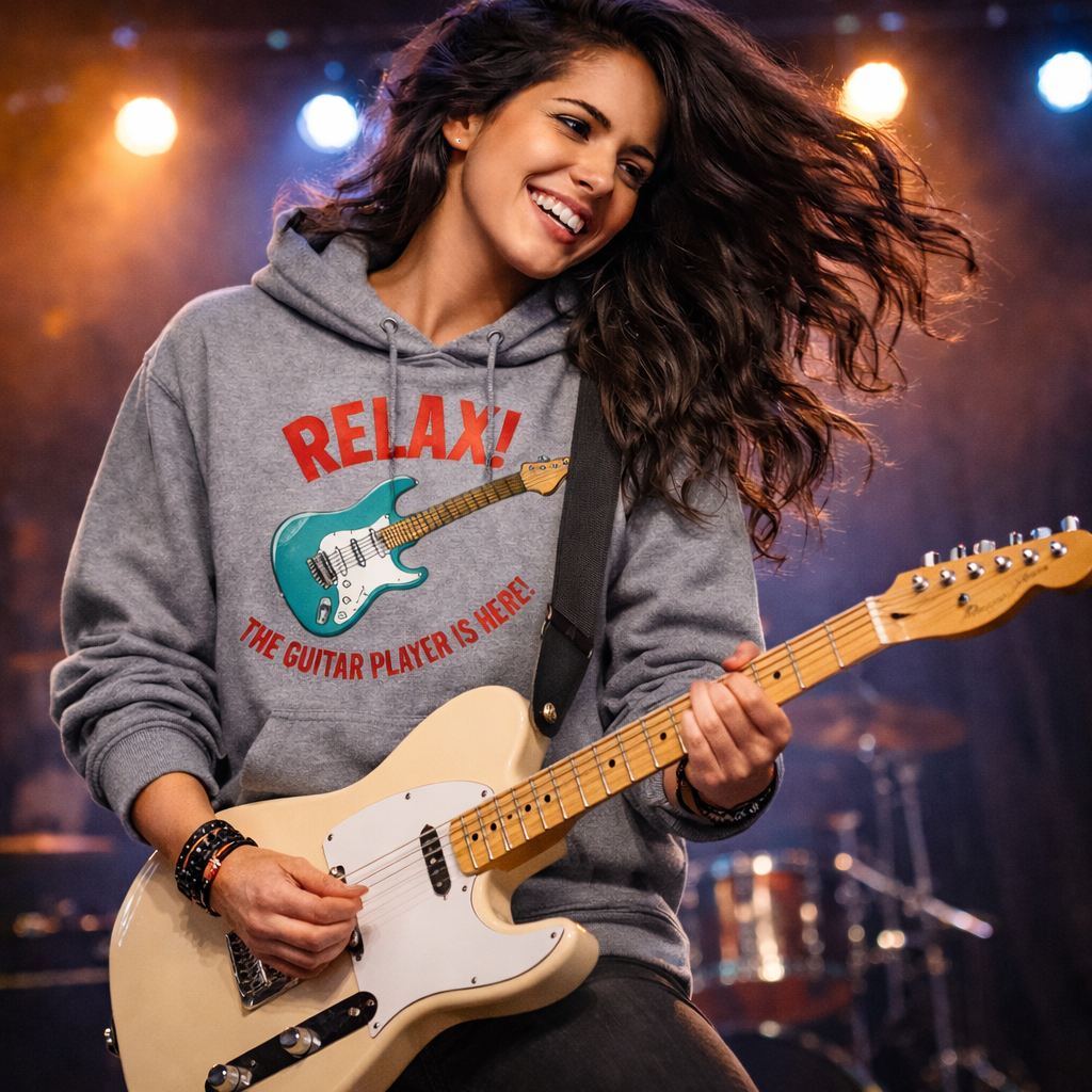 Woman playing a Fender Telecaster onstage, wearing a Six String Tees "Relax! The Guitar Player is Here" hoodie