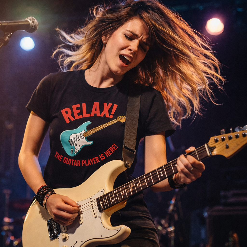 Girl wearing a Six String Tees T-shirt  that says "Relax! The Guitar Player Is Here", playing a Fender Stratocaster onstage.