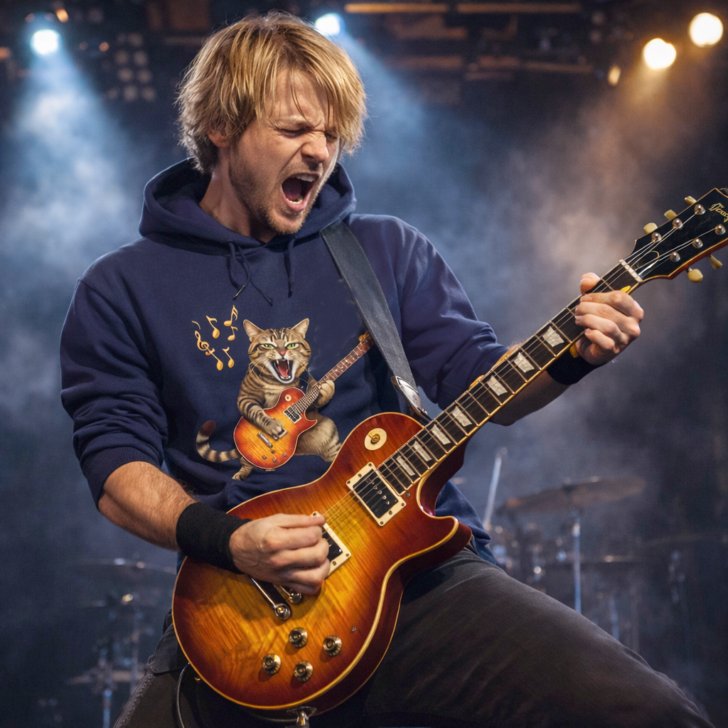 Guy wearing a Six String Tees hoodie, playing a Gibson Les Paul guitar with a cat ferociously playing a Les Paul guitar.