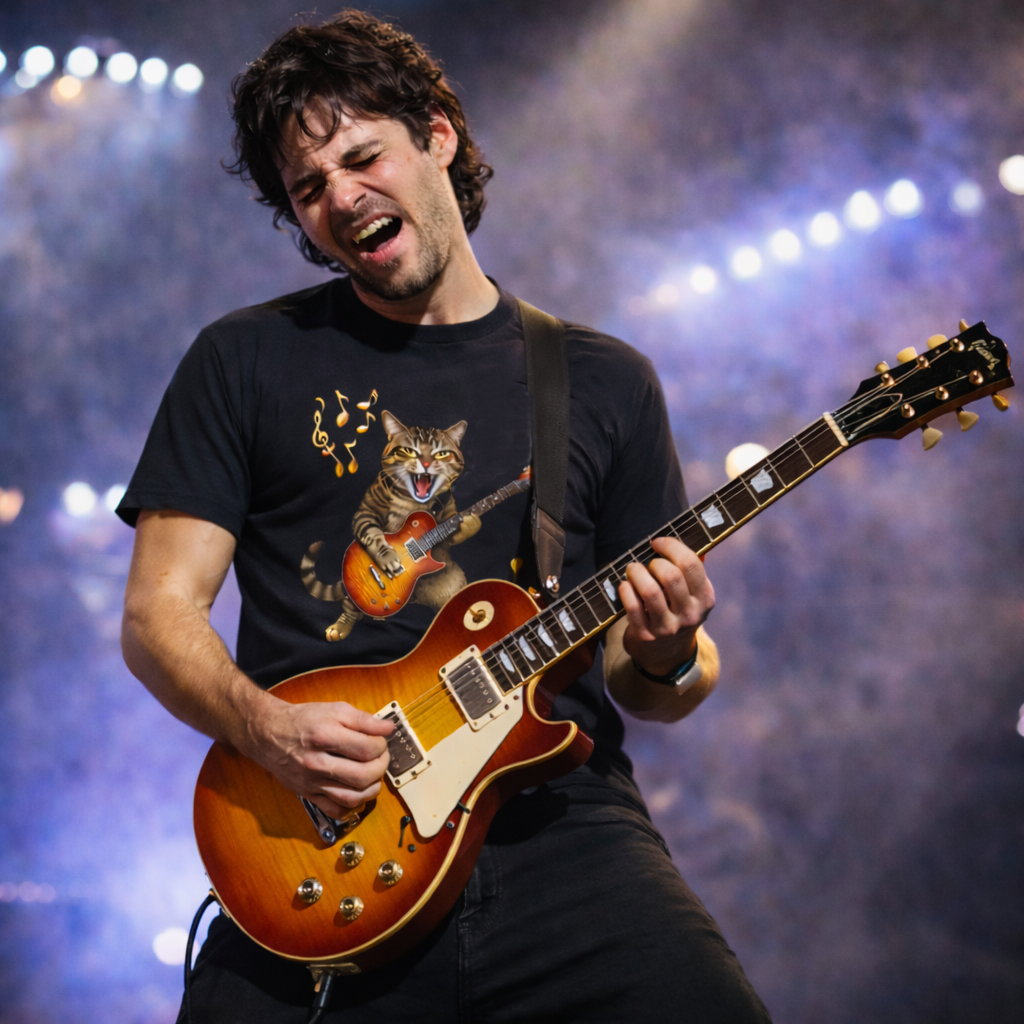 Guy wearing a Six String Tees T-shirt with a cat ferociously playing a Les Paul guitar.